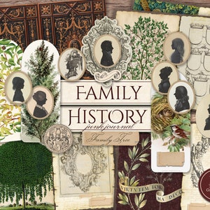 Family History Junk Journal Kit (Printable JPG Pages with Ephemera, Tags), Family Tree, Ancestry, Genealogy Digital Paper, Digital Download