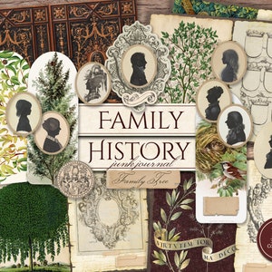 Kit de diario basura de historia familiar (páginas JPG imprimibles con efímeras, etiquetas), árbol genealógico, ascendencia, papel digital genealógico, descarga digital