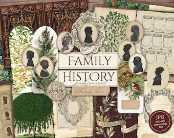 Family History Junk Journal Kit (Printable JPG Pages with Ephemera, Tags), Family Tree, Ancestry, Genealogy Digital Paper, Digital Download