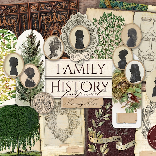 Family History Junk Journal Kit (Printable JPG Pages with Ephemera, Tags), Family Tree, Ancestry, Genealogy Digital Paper, Digital Download