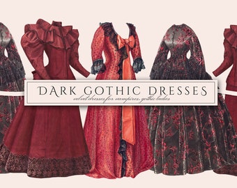 Dark Gothic Dress Illustrations, Clipart PNG, Victorian Fashion Ephemera, Scrapbooking, Paper Doll Clothes, Digital Download, Commercial Use