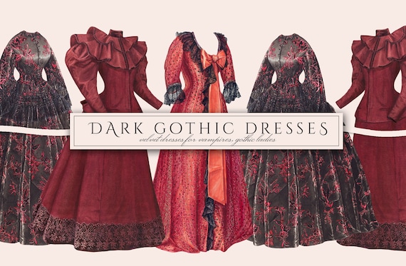 Dark Gothic Dress Illustrations, Clipart PNG, Victorian Fashion Ephemera, Scrapbooking, Paper Doll Clothes, Digital Download, Commercial Use