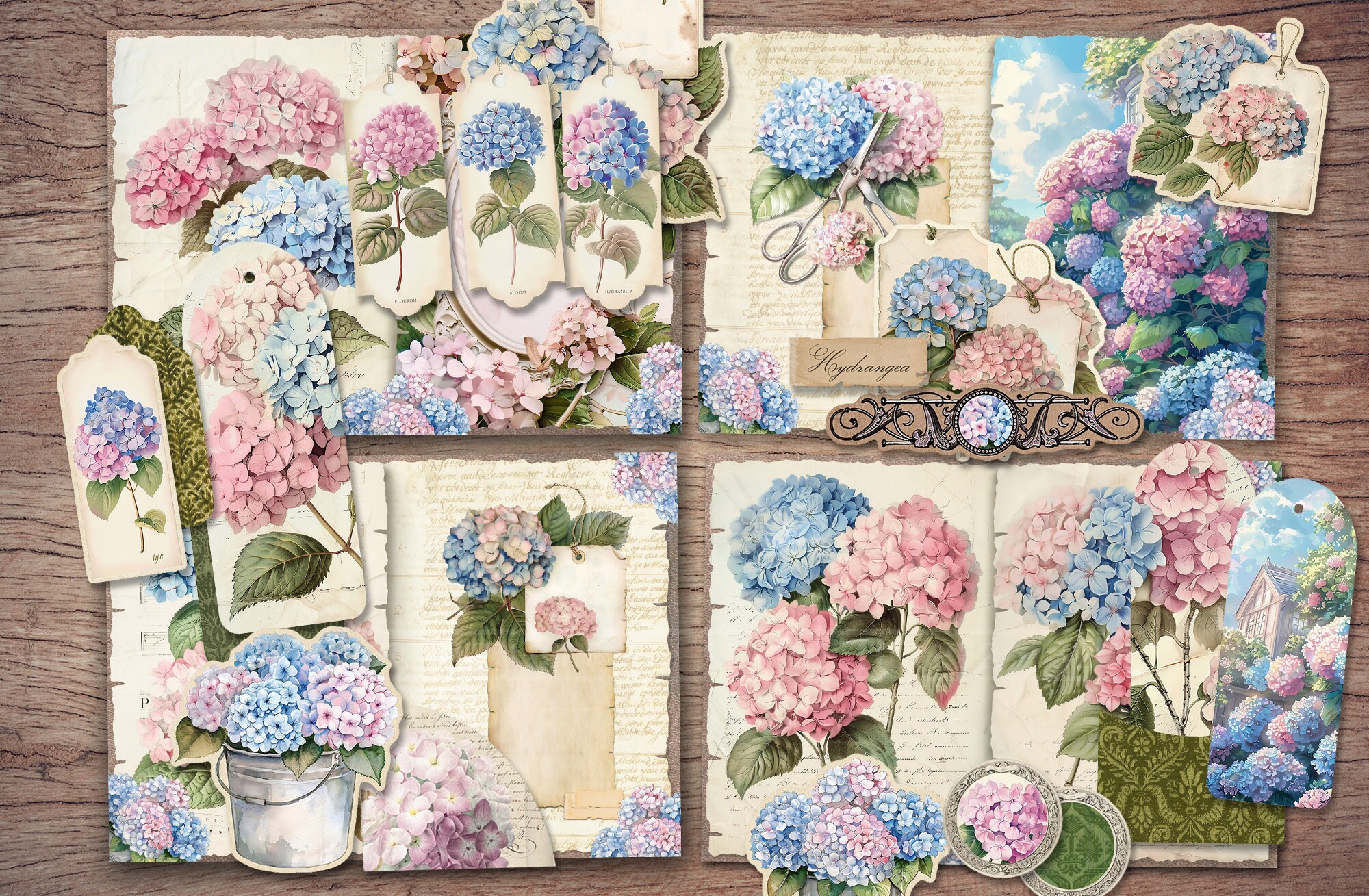 Hydrangea Junk Journal Kit (printable JPG Pages With Ephemera, Tags ...