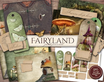 Fairy Junk Journal Kit, (Printable JPG Pages with Ephemera, Cover, Bookmarks) Magical Fairyland, for Scrapbook, Instant Digital Download