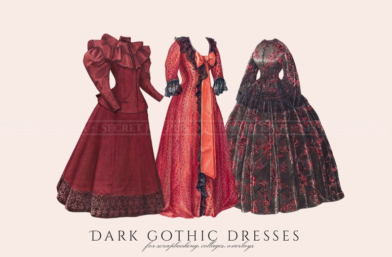 May include: Three vintage illustrations of dark gothic dresses in red, black, and burgundy. The dresses are long and flowing with intricate details. The text "DARK GOTHIC DRESSES for scrapbooking, collages, overlays" is at the bottom of the image.