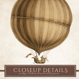 Op de afbeelding: Sepia-getinte illustratie van een vintage luchtballon. De ballon heeft een gestreept patroon en een gedetailleerde gondel met figuren. De afbeelding bevat de tekst "CLOSEUP DETAILS vintage clockwork and eclectic pieces."