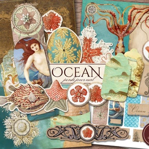 Ocean Junk Journal Kit (Printable JPG Pages with Ephemera, Cover, Bookmark), Coral, Starfish, Octopus, Sea Digital Paper, Digital Download