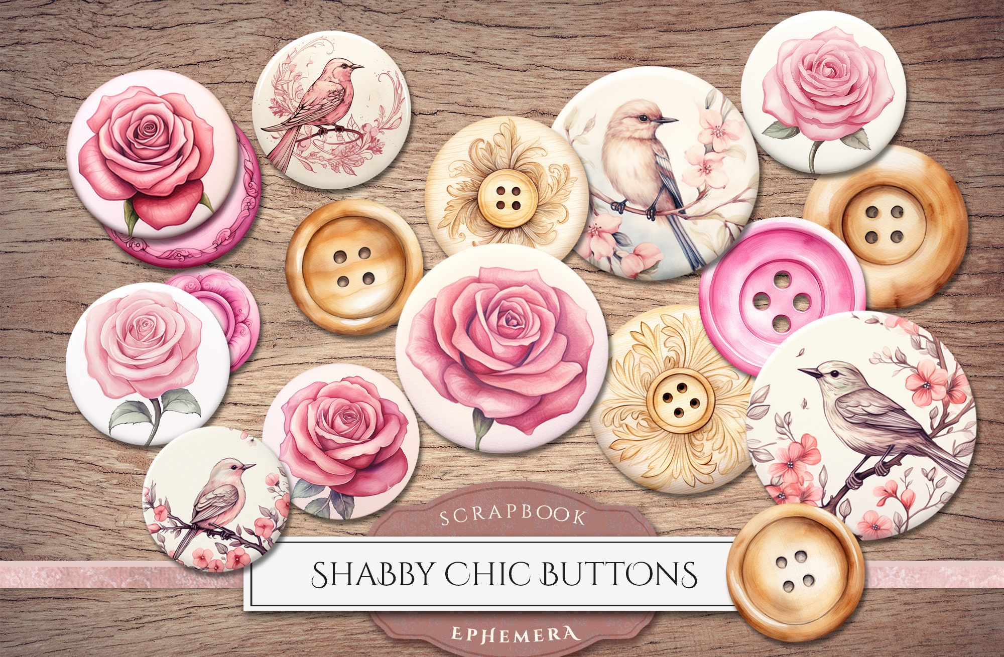 Printable Shabby Chic Buttons (PNG Clipart + Collage Sheets), Pastel ...