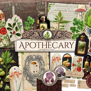 Apotheker Junk Journal Kit (afdrukbare JPG-pagina's met efemere verschijnselen, omslag, bladwijzer), groene heks, botanisch digitaal papier, digitale download