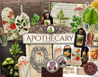 Apothecary Junk Journal Kit (Printable JPG Pages with Ephemera, Cover, Bookmark), Green Witch, Botanical Digital Paper, Digital Download