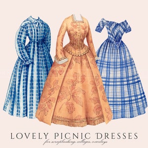 May include: Three vintage-style dresses in blue and white plaid and a floral print. The dresses are for scrapbooking, collages, and overlays. "Lovely Picnic Dresses" is written at the bottom of the image.