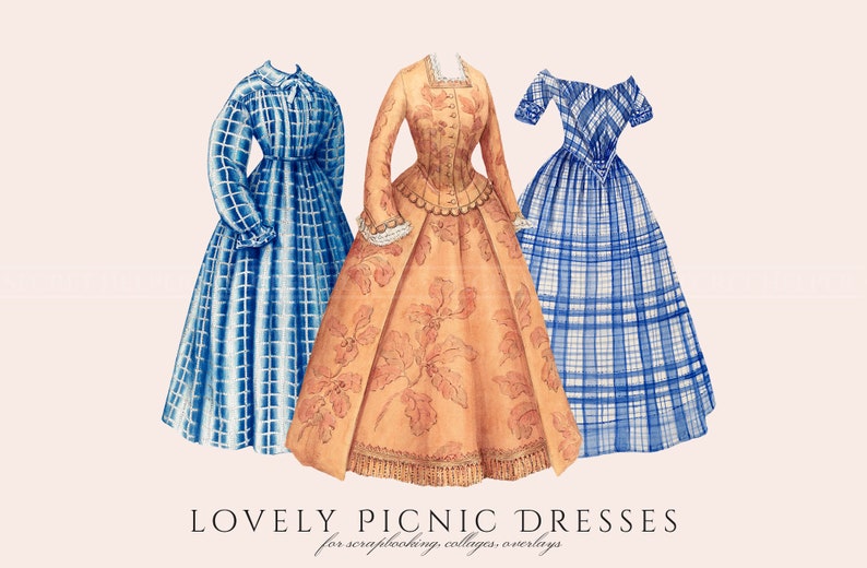 May include: Three vintage-style dresses in blue and white plaid and a floral print. The dresses are for scrapbooking, collages, and overlays. "Lovely Picnic Dresses" is written at the bottom of the image.