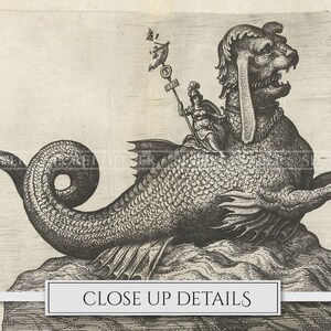 May include: A black and white engraving of a mythical creature with a dog-like head and a fish tail. The creature is standing on a rock and a human figure is riding on its back.