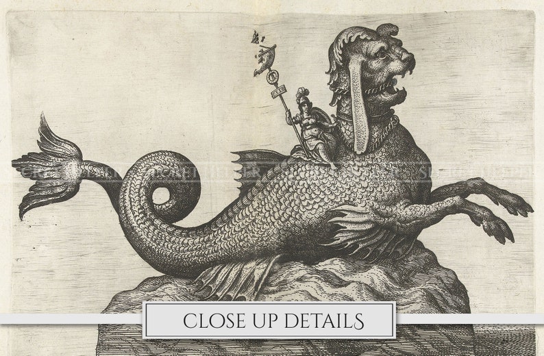 May include: A black and white engraving of a mythical creature with a dog-like head and a fish tail. The creature is standing on a rock and a human figure is riding on its back.