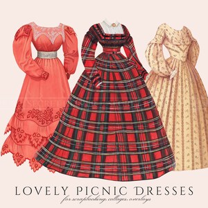 May include: Three vintage illustrations of women's dresses in red, plaid, and yellow with floral patterns. The dresses are labeled "Lovely Picnic Dresses" for scrapbooking, collages, and overlays.