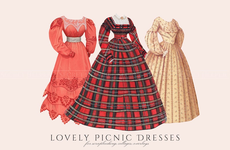 May include: Three vintage illustrations of women's dresses in red, plaid, and yellow with floral patterns. The dresses are labeled "Lovely Picnic Dresses" for scrapbooking, collages, and overlays.