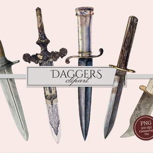 May include: Five different daggers with ornate handles and blades. The daggers are arranged in a row against a light pink background. The text "DAGGERs clipart" is displayed above the daggers.
