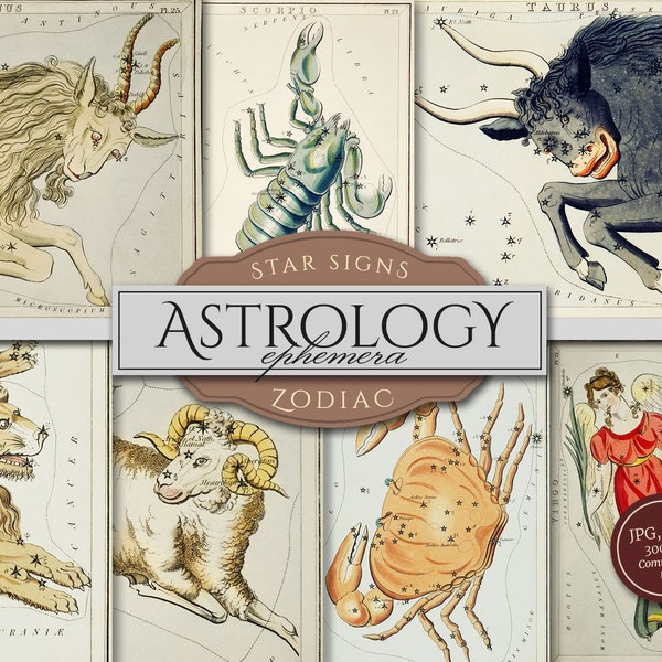 Astrology Clipart Ephemera (JPG, PDF Collage Sheets), Zodiac, Horoscope, Star Constellations, Astronomy, Digital Download for Commercial Use