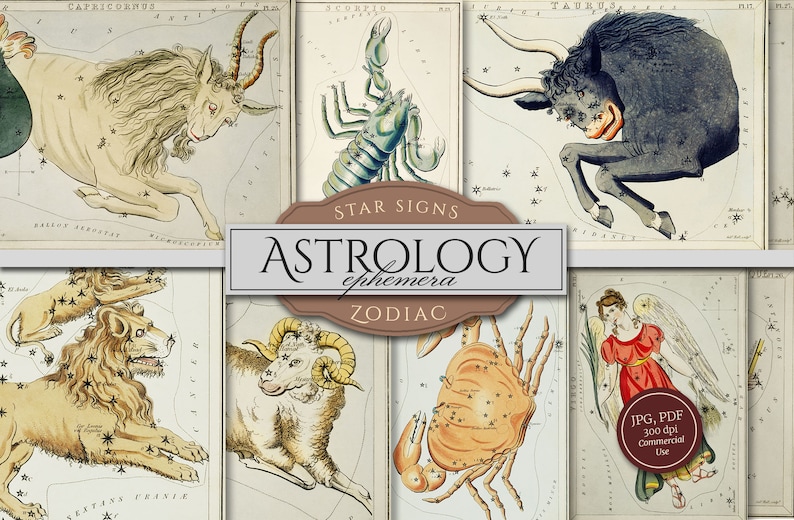 May include: A collage of vintage illustrations of the 12 zodiac signs. Each sign is depicted as a celestial constellation with a corresponding animal illustration. The illustrations are in a muted color palette of browns, yellows, and blues. The text "STAR SIGNS" and "ASTROLOGY ephemera ZODIAC" is displayed in a brown banner.