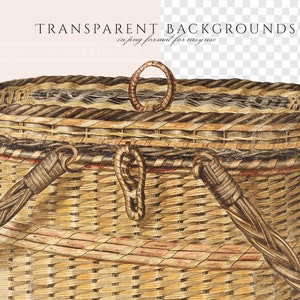 May include: A woven wicker basket with a brown handle and a ring on the top. The basket is made of natural materials and has a rustic look.