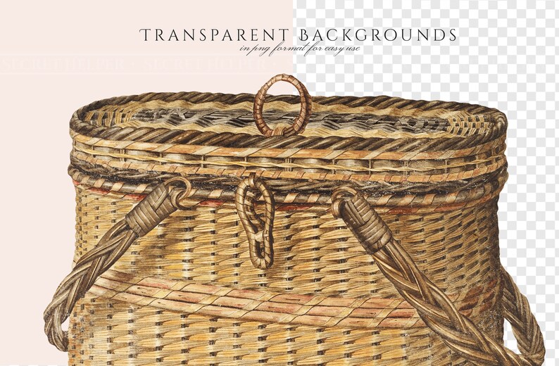 May include: A woven wicker basket with a brown handle and a ring on the top. The basket is made of natural materials and has a rustic look.