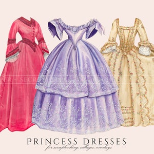 Prinses Jurk Clipart in PNG, Lange Baljurk, Sprookje, Vintage Illustraties, Papieren Pop Overlays, Digitale Download voor Commercieel Gebruik afbeelding 2