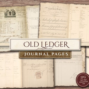 Oud grootboekpapier (in JPG), Afdrukbare pagina's, Oude documenten, Achtergrond digitaal papierpakket, Neutral Junk Journal Supplies, Digitale download