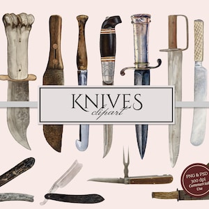 Imágenes prediseñadas PNG de cuchillos antiguos, ilustraciones de armas, dagas (+ vaina), navaja, hoz, navaja superpuesta, descarga digital, uso comercial