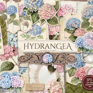Hortensie Junk Journal Kit (druckbare JPG Seiten mit Ephemera, Tags, Lesezeichen), Pflanze, Sommer Blumen, Blume Digital Papier, digitaler Download