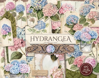 Hydrangea Junk Journal Kit (Printable JPG Pages with Ephemera, Tags, Bookmark), Plant, Summer Floral, Flower Digital Paper, Digital Download