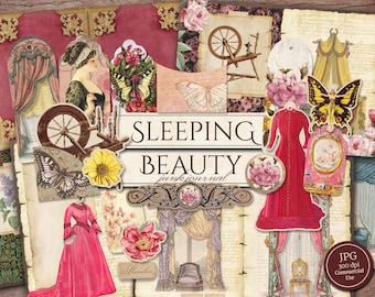 May include: A digital collage sheet with a vintage aesthetic featuring images of a spinning wheel, butterflies, flowers, and a woman in a red dress. The text "Sleeping Beauty Junk Journal" is featured in the center of the collage.