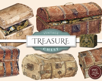 Vintage Treasure Chest Clipart in PNG, Old Travel Trunk, Nautical Wooden Box, Pirate Gold Booty, Loot, Digital Download, Commercial Use
