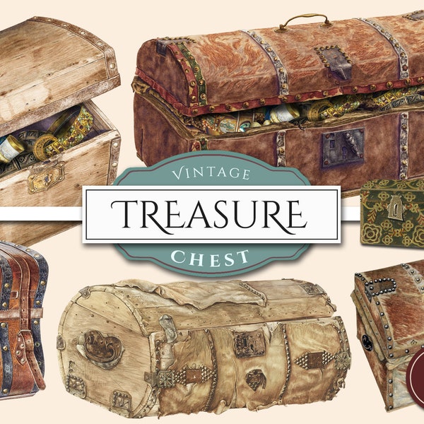 Vintage Treasure Chest Clipart in PNG, Old Trunk, Nautical Wooden Box, Pirate Gold Booty, Loot, Instant Digital Download for Commercial Use