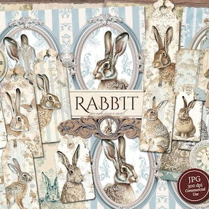 Rabbit Junk Journal Kit (druckbare JPG Seiten mit Ephemera, Tags, Lesezeichen), Osterhase, Pastelle, Hase Digitales Papier, digitaler Download