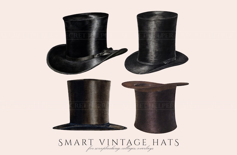 Peut inclure: Quatre chapeaux hauts vintage en noir et marron. Les chapeaux ont une couronne haute et cylindrique et un bord &eacute;troit. SMART VINTAGE HATS pour scrapbooking, collages, superpositions.