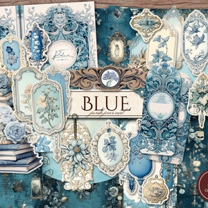 Kit de diario basura azul (páginas JPG imprimibles con efímeras, etiquetas, marcadores), marcos victorianos, papel digital verde azulado de invierno, descarga digital