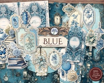 Blue Junk Journal Kit (Printable JPG Pages with Ephemera, Tags, Bookmarks), Victorian Frames, Winter Teal Digital Paper, Digital Download