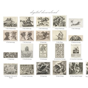 May include: A digital download collage sheet with 20 black and white illustrations of mythical creatures, including dragons, sea monsters, and mythical beings. The sheet is divided into a grid of 5 rows and 4 columns. Each illustration is labeled with a number and a short description.