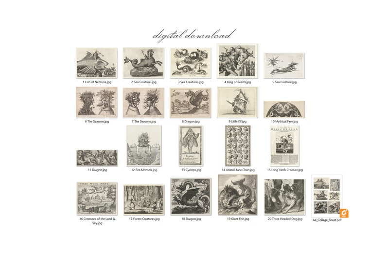 May include: A digital download collage sheet with 20 black and white illustrations of mythical creatures, including dragons, sea monsters, and mythical beings. The sheet is divided into a grid of 5 rows and 4 columns. Each illustration is labeled with a number and a short description.