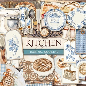 Kitchen Junk Journal Kit (Printable JPG Pages with Ephemera, Tags, Bookmarks), Cottagecore Cooking, Baking Digital Paper, Digital Download