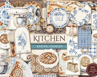 Kitchen Junk Journal Kit (afdrukbare JPG-pagina's met ephemera, tags, bladwijzers), Cottagecore koken, bakken digitaal papier, digitale download