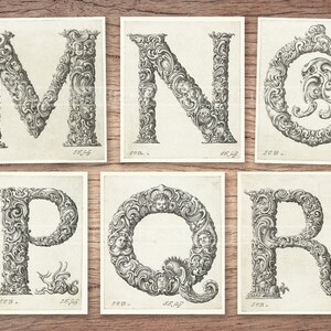 May include: Six black and white illustrations of ornate letters, M, N, O, P, Q, and R, with intricate designs and human faces.