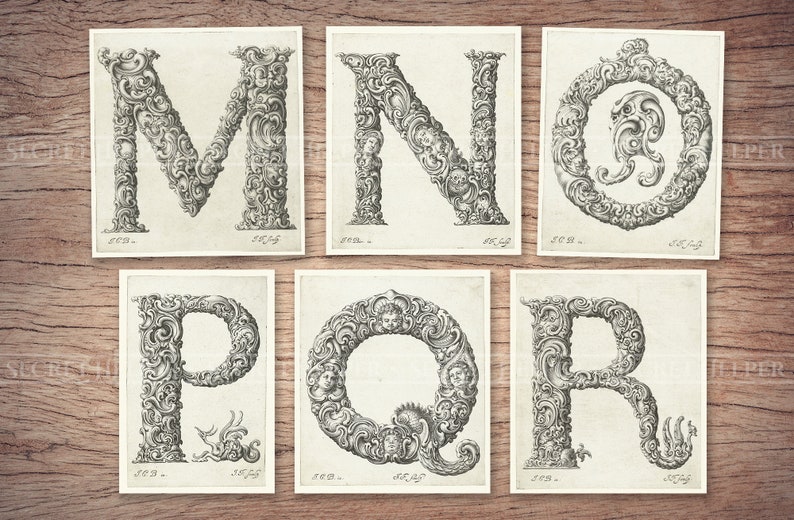May include: Six black and white illustrations of ornate letters, M, N, O, P, Q, and R, with intricate designs and human faces.
