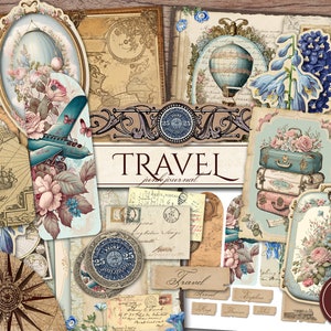 Travel Junk Journal Kit (Printable JPG Pages with Ephemera, Tag), Suitcase, Holiday Vacation Memory, Old Map Digital Paper, Digital Download