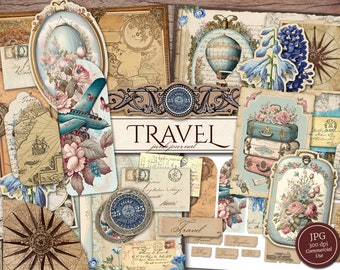 Travel Junk Journal Kit (Printable JPG Pages with Ephemera, Tag), Suitcase, Holiday Vacation Memory, Old Map Digital Paper, Digital Download