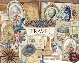 May include: A digital scrapbook kit with vintage travel themed images. The kit includes images of airplanes, hot air balloons, luggage, flowers, maps, compasses, and more. The kit is perfect for creating digital scrapbook pages, cards, and other paper crafts.