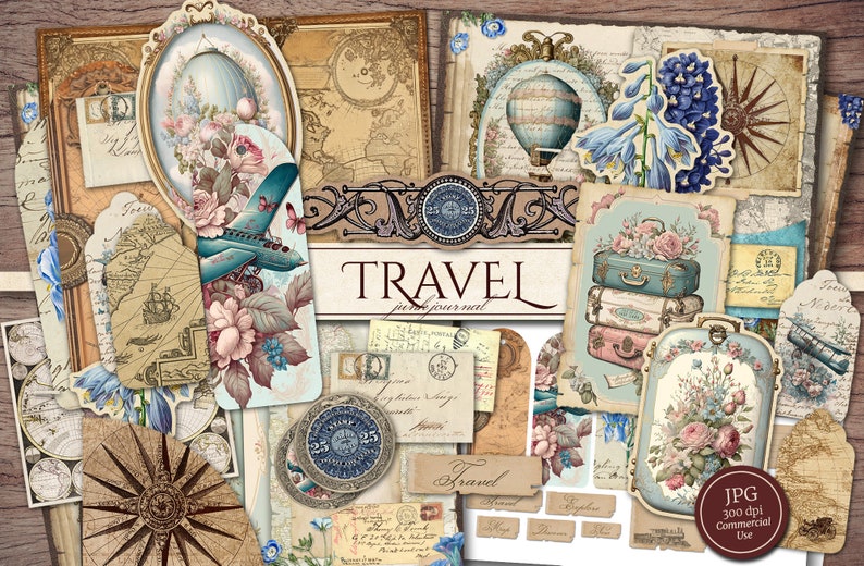 May include: A digital scrapbook kit with vintage travel themed images. The kit includes images of airplanes, hot air balloons, luggage, flowers, maps, compasses, and more. The kit is perfect for creating digital scrapbook pages, cards, and other paper crafts.