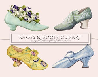 Vintage Shoes & Boots Clipart (PNG Overlays), Victorian Ladies Fashion Illustrations, Women's Flats, Heels, Digital Download, Commercial Use