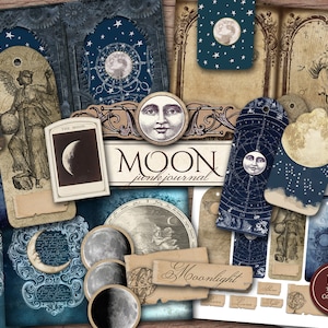 Moon Junk Journal Kit (Printable JPG Pages with Ephemera, Cover, Tags, Bookmark), Astronomy Lunar, Celestial Digital Paper, Digital Download