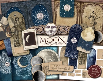 Moon Junk Journal Kit (Printable JPG Pages with Ephemera, Cover, Tags, Bookmark), Astronomy Lunar, Celestial Digital Paper, Digital Download